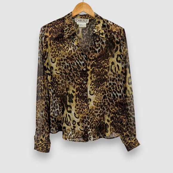 90s Vintage Carlisle 100% Silk Leopard Print Semi-Sheer Button-Up Blouse Size 10 - Picture 1 of 5